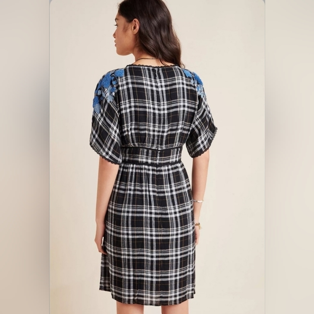 Anthropologie Black And White Plaid Dress With Blue Embroidery - Picture 4 of 11
